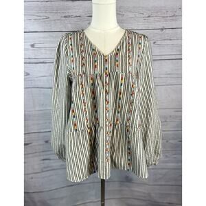 Savanna Jane Boho Embroidered Tribal Babydoll Top Womens M V Neck Striped Hippie